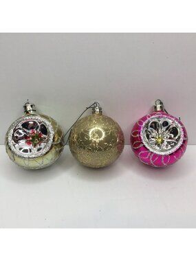 Vintage Glass Christmas Ornaments Set Of 3 Glitter Accents Gold Pink Retro Decor